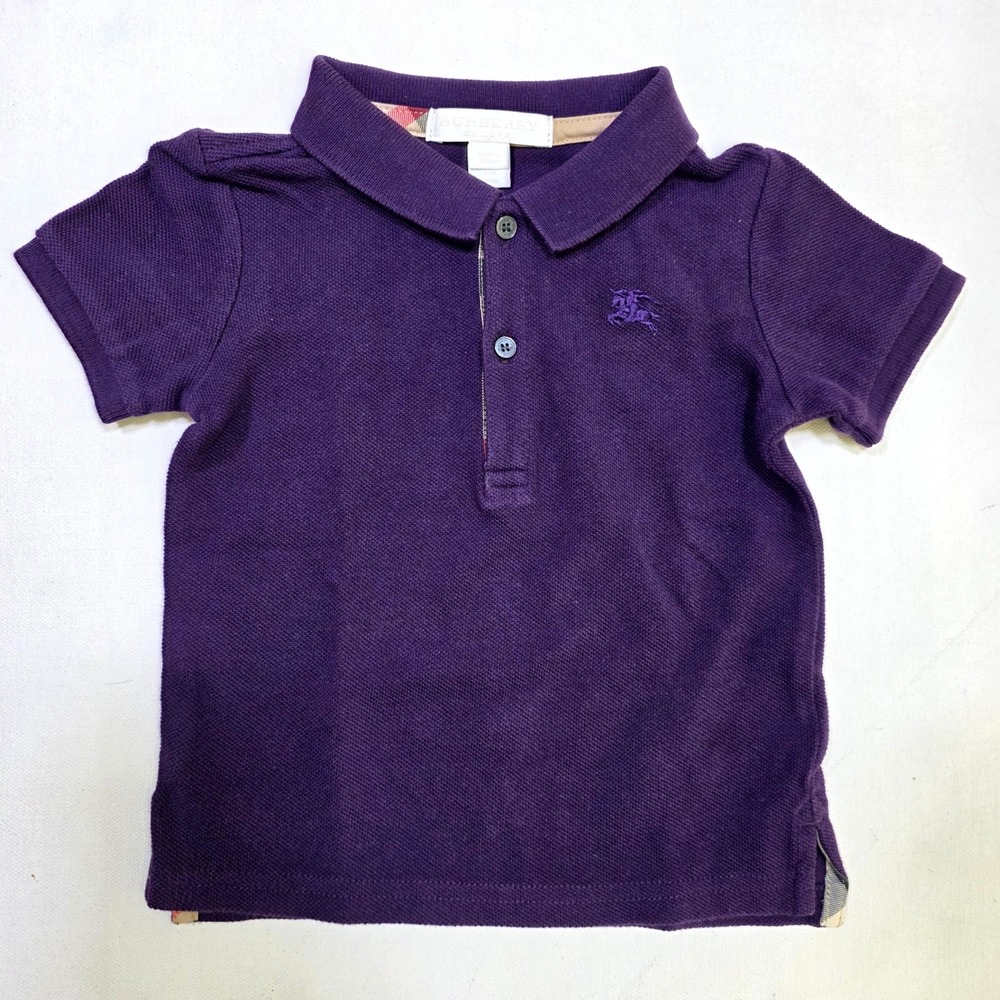 Burberry Polo Shirt 12M Purple Short Sleeve Check Trim Equestrian Knight Logo